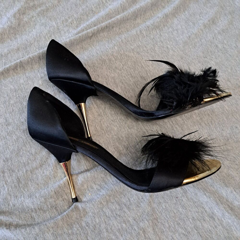 ZARA Feathered High-Heel Party Sandals Black& Gold Size USA 7.5 EUR 38 - Picture 4 of 9